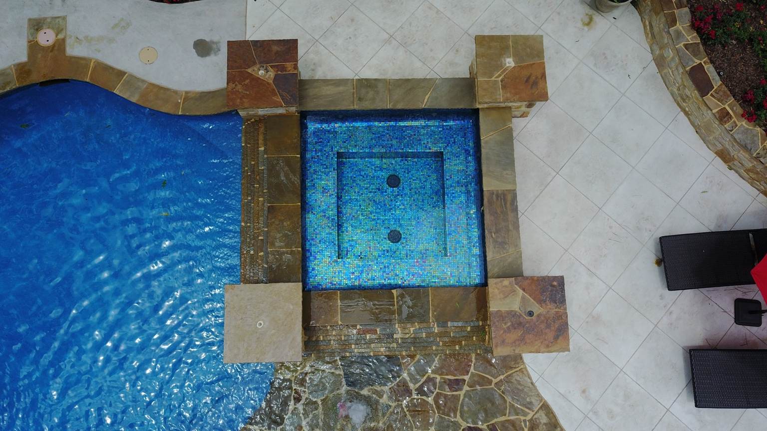Aerial view of the glass-tile spa